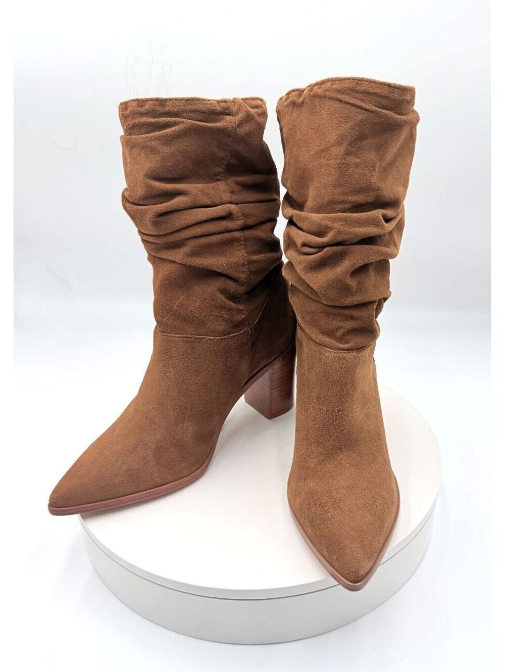 Schutz Ashlee Suede Ruched Slouch Mid Calf Block Heel Boots Bear Brown 37.5 NWT!